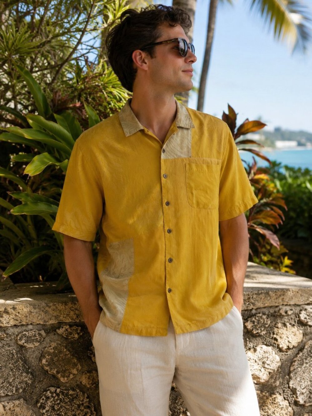 Tommy Bahama 100% Silk Camp Shirt XL Yellow Hawaiian Resort